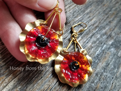 Gold and Red poppy earrings