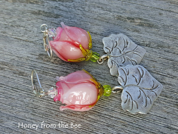 Pink rosebud earrings
