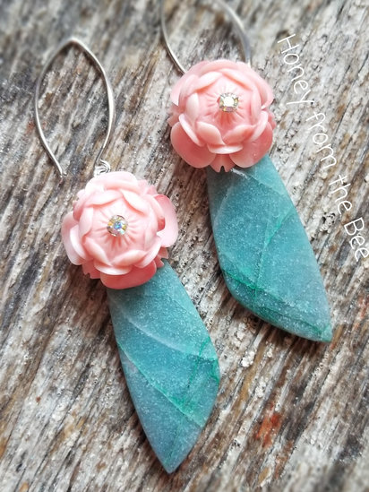 Bloom earrings features chrysophase and conch shell