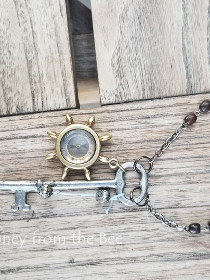 Hope Floats No 4 pendant features compass key fob, antique key, lampwork