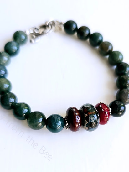 Mountain Ash bracelet features lampwork, moss agate and sterling silver