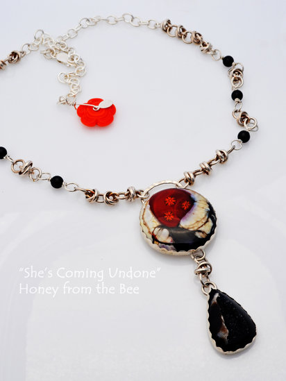 She's Coming Undone necklace features lampwork, druzy, chainmaille, sterling silver