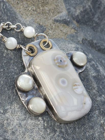 White Galaxy pendant features ocean jasper, mother of pearl, sterling silver