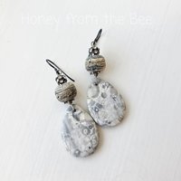 Orbicular Jasper earrings with lampwork in grey and white