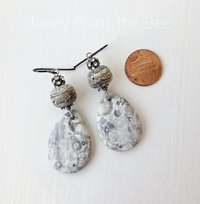 Gemstone earrings in grey and white with lampwork and crystals