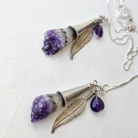 Feather pendant with amethyst crystal and drop