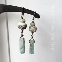 Aquamarine earrings with lampwork in cream and browns