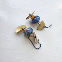 Blue lampwork earrings with brass accents