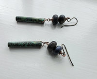 Artisan earrings feature turquoise tube dangles, gun metal lampwork and copper