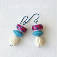 Lampwork earrings in turquoise, hot pink and white