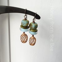 Aqua and copper earrings feature lampwork and turquoise