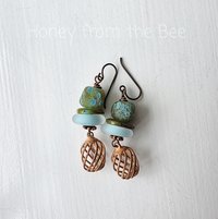 Artisan earrings in aqua, green and copper