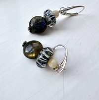 Blue and cream lampwork earrings with labradorite and mother of pearl