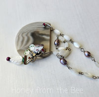 Enamel butterfly necklace with mother of pearl and pearls
