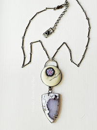 Statement necklace in lavender and white with gemstone and art glass cab