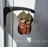 Floral earrings feature Bird's Eye Jasper and vintage brass in red, pink and gold
