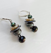 Dark color lampwork earrings with antique button dangle