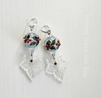 Winter lampwork earrings feature frosty white leaf drops
