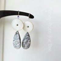 Antique MOP button earrings with jasper in grey and white