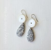 Orbicular Jasper earrings in grey and white with vintage mother of pearl buttons