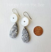 Artisan earrings in grey and white feature MOP buttons and jasper