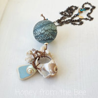 One of a kind beach pendant in aqua and white