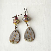 Lavender and yellow earrings feature lampwork and jasper