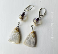 White and red lampwork earrings with fossilized coral agate dangle