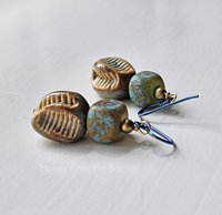Tan and Aqua lampwork earrings with ceramic pinch bead