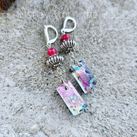 Dichroic earrings with pink chalcedony and ribbed sterling silver beads