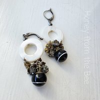 Antique button earrings in black, white and aged brass