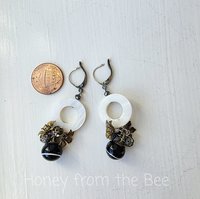 Mixed media earrings with antique buttons, vintage brass and crystal