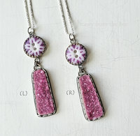 Bright pink Cobalto Calcite drusy pendant with antique calico button