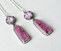 Artisan pendant features bright pink cobalto calcite druzy and antique calico button
