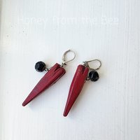 Antique button earrings feature red wood heart and faceted button dangles