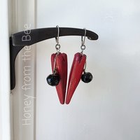 Red Heart earrings feature wood hearts and antique faceted black button 