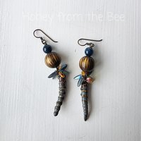Playful earrings with ceramic, wood and apatite