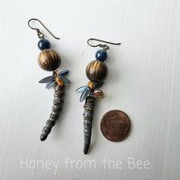 Wood earrings with ceramic dangles in blues and browns