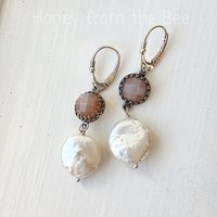 Coin pearl earrings with peach moonstone