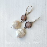 Peach moonstone earrings with coin pearls