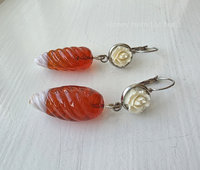 White rose earrings with vintage orange glass drop