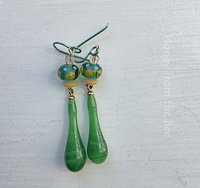 Green and yellow earrings with vintage glass and lampwork