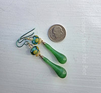 Vintage green glass drop earrings with lampwork