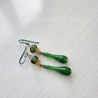 Green drop earrings with green and yellow lampwork