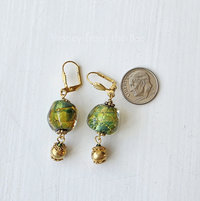 Green and gold lampwork earrings with vermeil dangle