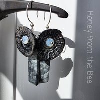 Statement earrings in grey and black featuring lampwork and jasper