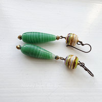 Vintage green glass drop earrings with striped lampwork