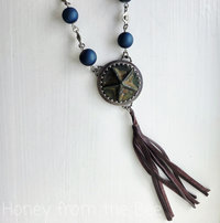 Leather Tassel necklace with silver and blue