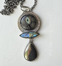 Labradorite and sterling silver pendant with apache gold teardrop and art glass cab