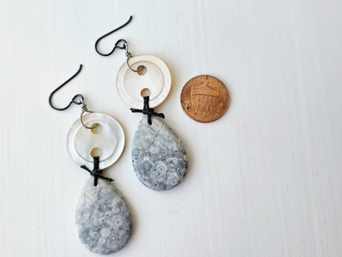 Mother of Pearl earrings feature jasper in grey and whtie